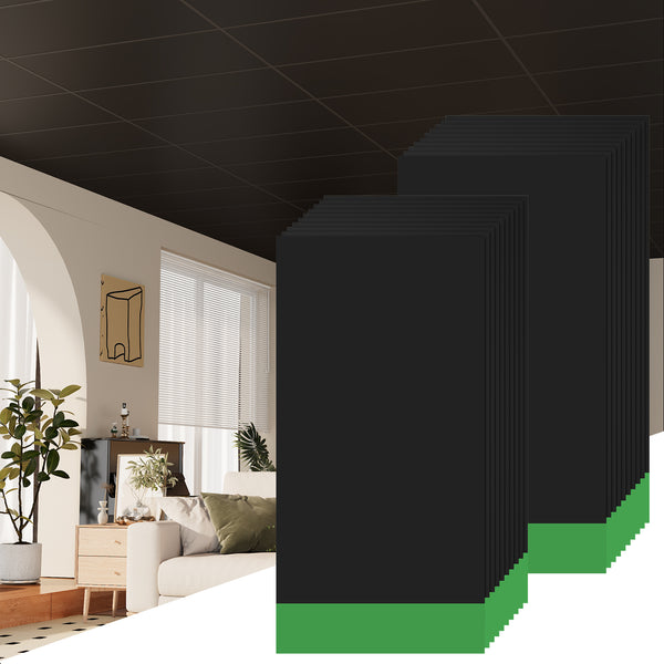 LooYee 20 PCS 2ft x 4ft Smooth Drop Ceiling Tile - Fire-Rated, Waterproof, Reusable - Premium PVC, No Sag and Breakage - Cover 160 Sq. Ft, Black