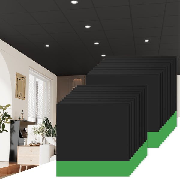 LooYee 24 PCS 24" x 24" Smooth Drop Ceiling Tiles 2ft x 2ft, PVC Ceiling Tile - Waterproof, Fire-Rated to Prevent Breakage - Cover 96 Sq. Ft, Black