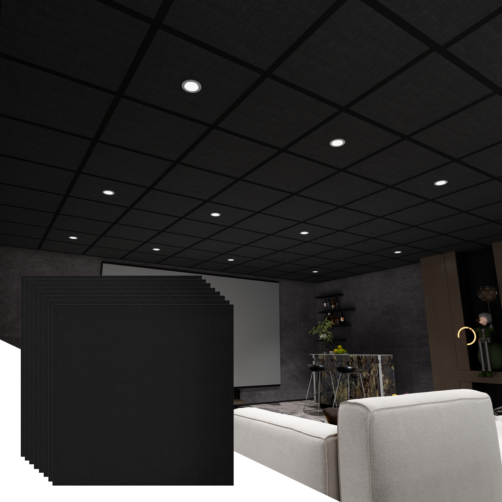 LooYee 6/12/24 PCS 2x2/2x4 Ft Polyester Fiber Black Acoustic Ceiling Tiles, Moisture-Proof Flame-Retardant, Cover 24/48/96/192 Sq.Ft