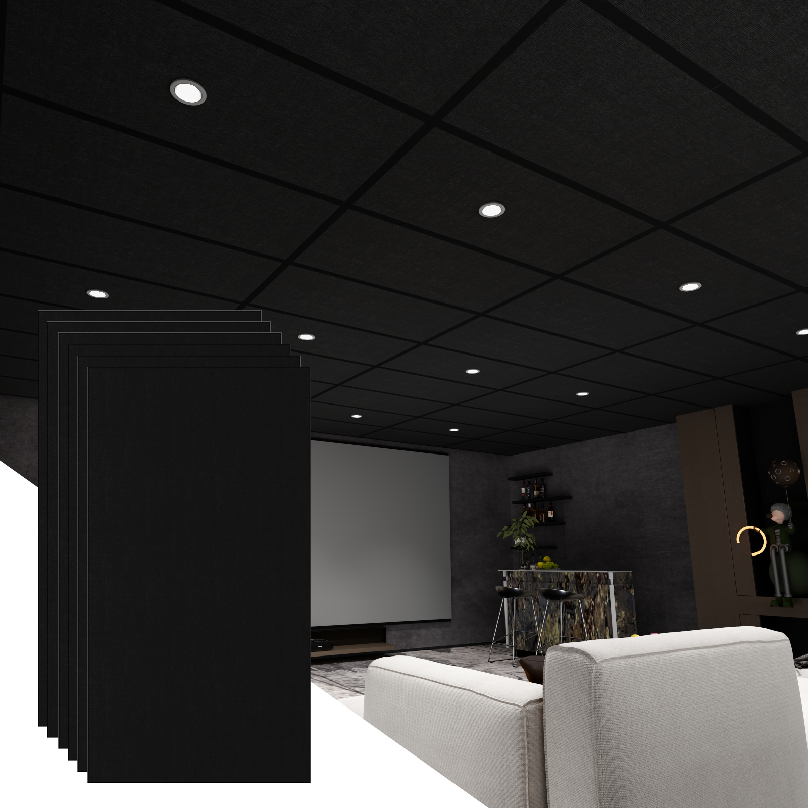 LooYee 6/12/24 PCS 2x2/2x4 Ft Polyester Fiber Black Acoustic Ceiling Tiles, Moisture-Proof Flame-Retardant, Cover 24/48/96/192 Sq.Ft
