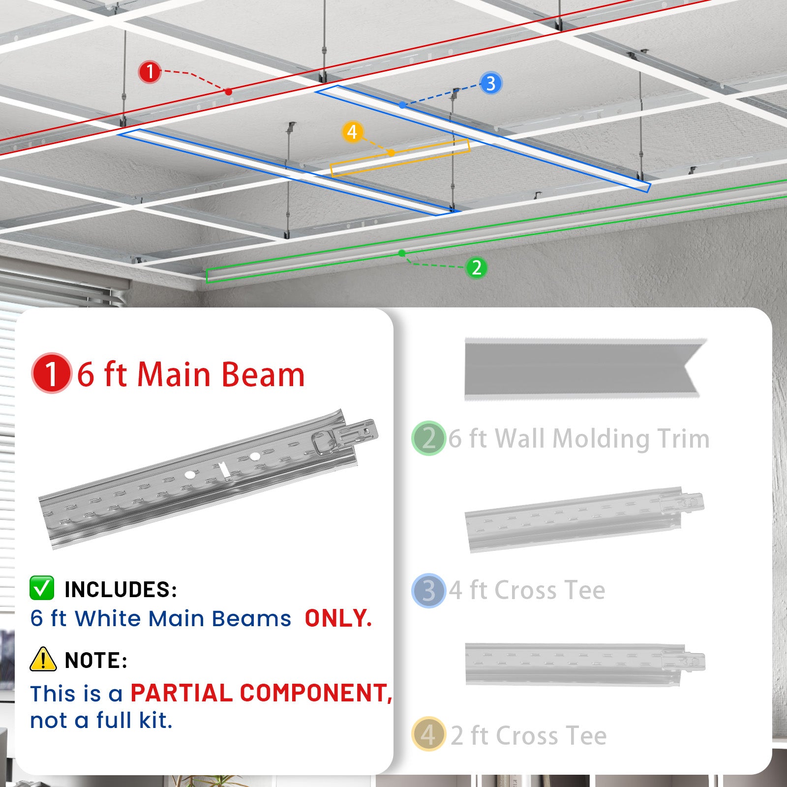 LooYee 50 PCS 72 Inch Galvanized Steel White Main Beam Cross Tee Drop Ceiling Grid System