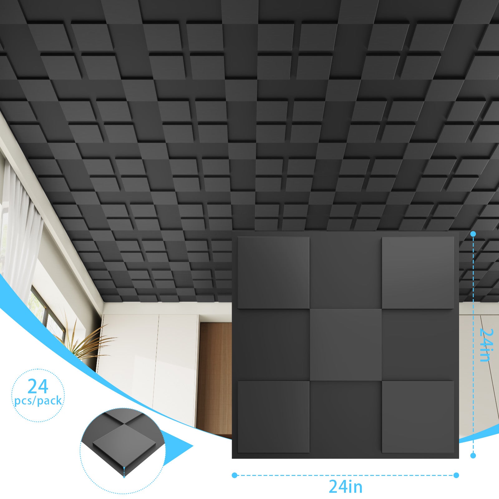 24 PCS 2x2FT Black Cross Shaped Block Tiles