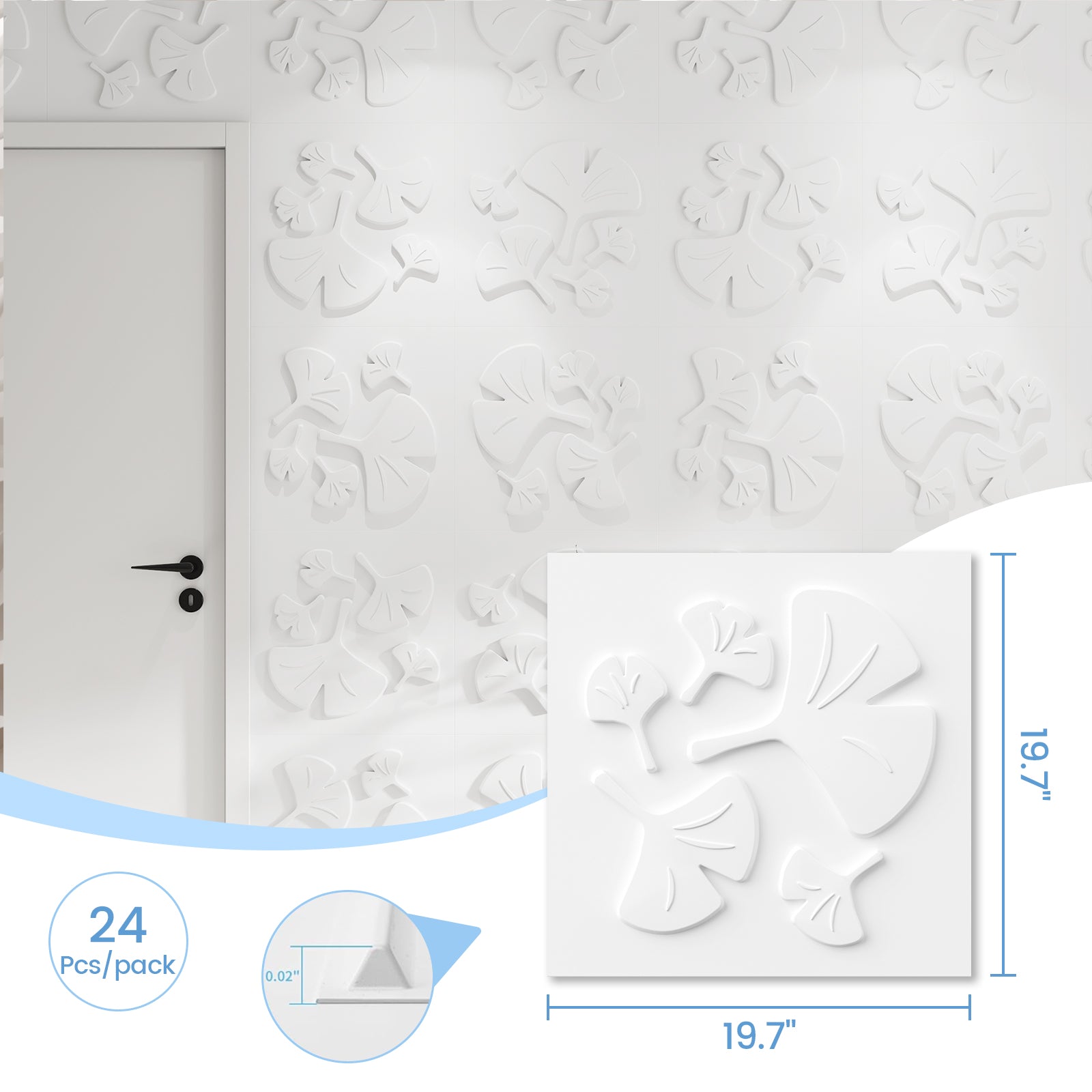 LooYee 24 PCS Ginkgo Biloba 3D Wall Panels 19.7" X 19.7" Wall Panels for Interior Wall Decor Minimalist Modern Style Ideal for Bedroom Headboards Living Room Accent Walls Cover 64.Sq.Ft.