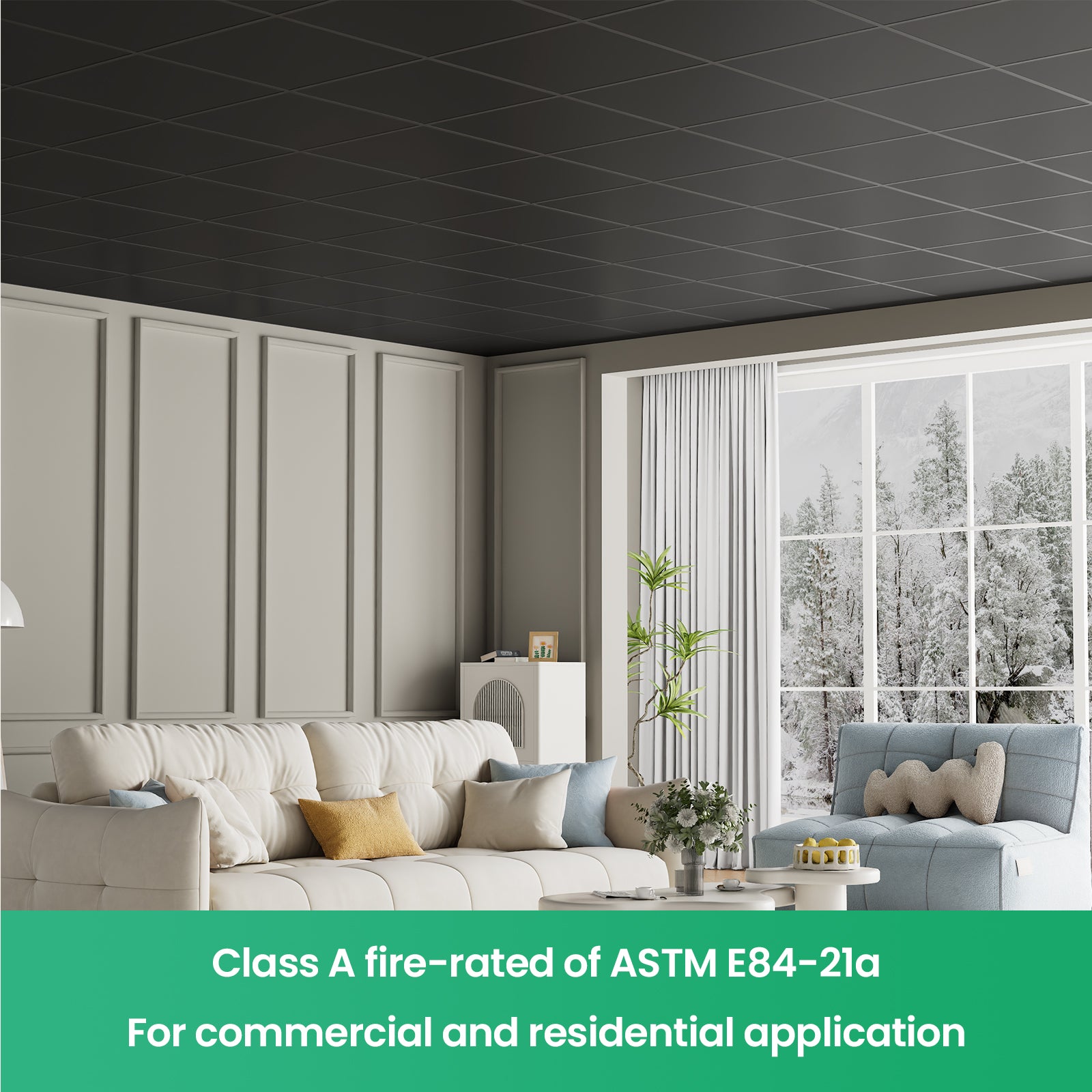 LooYee 24 PCS 24" x 24" Smooth Drop Ceiling Tiles 2ft x 2ft, PVC Ceiling Tile - Waterproof, Fire-Rated to Prevent Breakage - Cover 96 Sq. Ft, Black