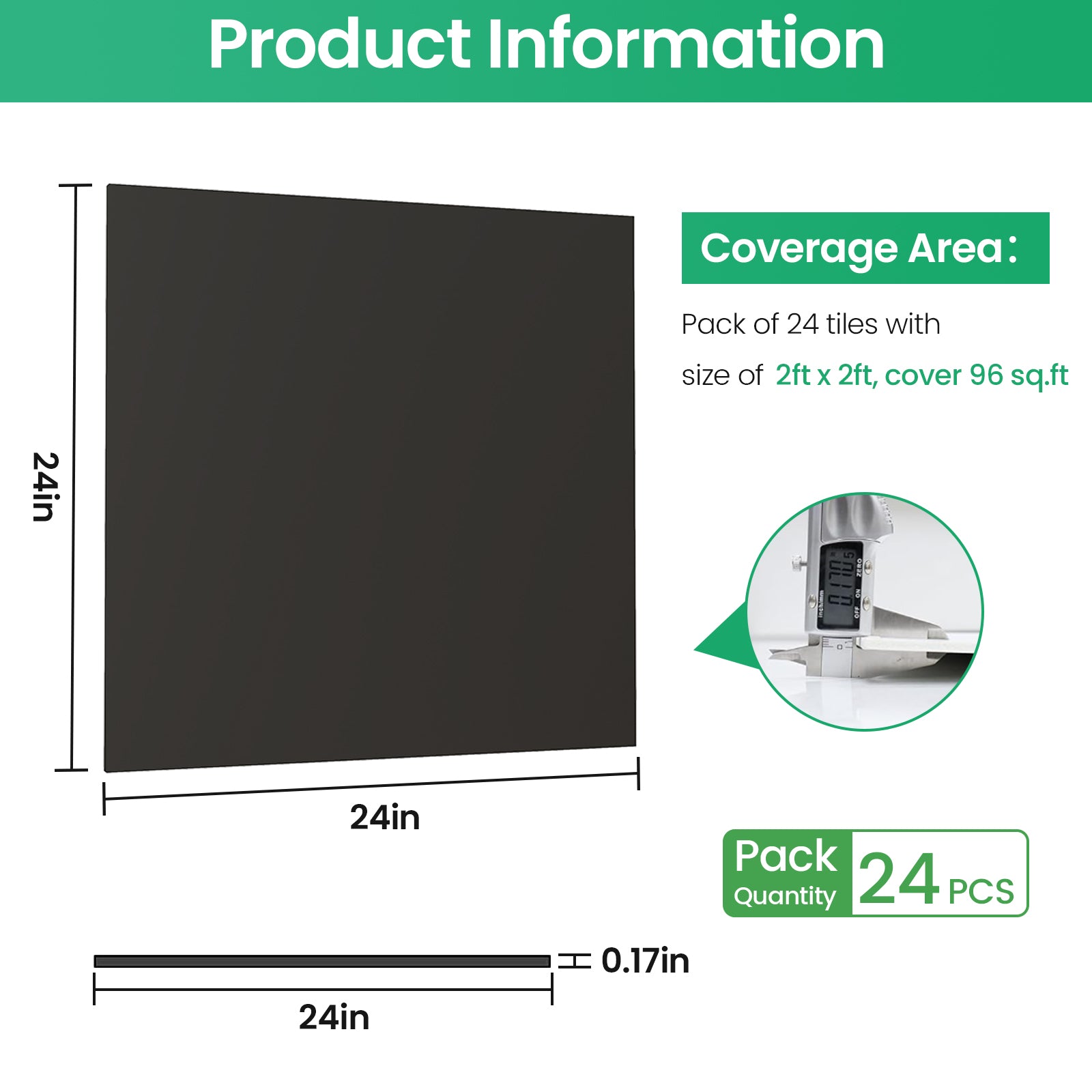 LooYee 24 PCS 24" x 24" Smooth Drop Ceiling Tiles 2ft x 2ft, PVC Ceiling Tile - Waterproof, Fire-Rated to Prevent Breakage - Cover 96 Sq. Ft, Black