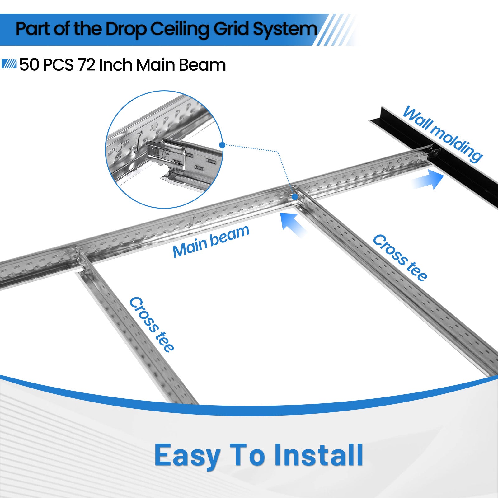LooYee 50 PCS 72 Inch Galvanized Steel White Main Beam Cross Tee Drop Ceiling Grid System