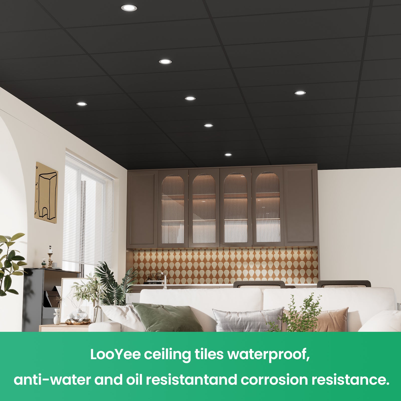LooYee 24 PCS 24" x 24" Smooth Drop Ceiling Tiles 2ft x 2ft, PVC Ceiling Tile - Waterproof, Fire-Rated to Prevent Breakage - Cover 96 Sq. Ft, Black