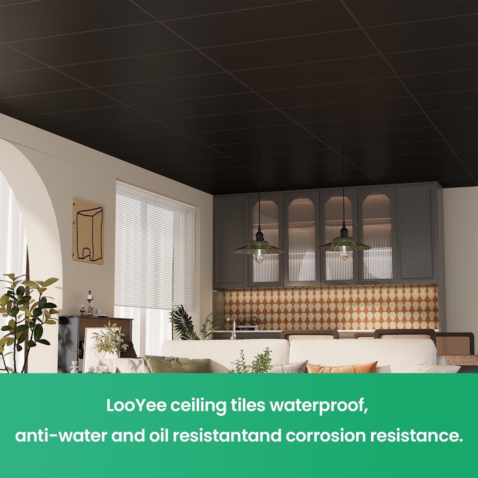 LooYee 20 PCS 2ft x 4ft Smooth Drop Ceiling Tile - Fire-Rated, Waterproof, Reusable - Premium PVC, No Sag and Breakage - Cover 160 Sq. Ft, Black