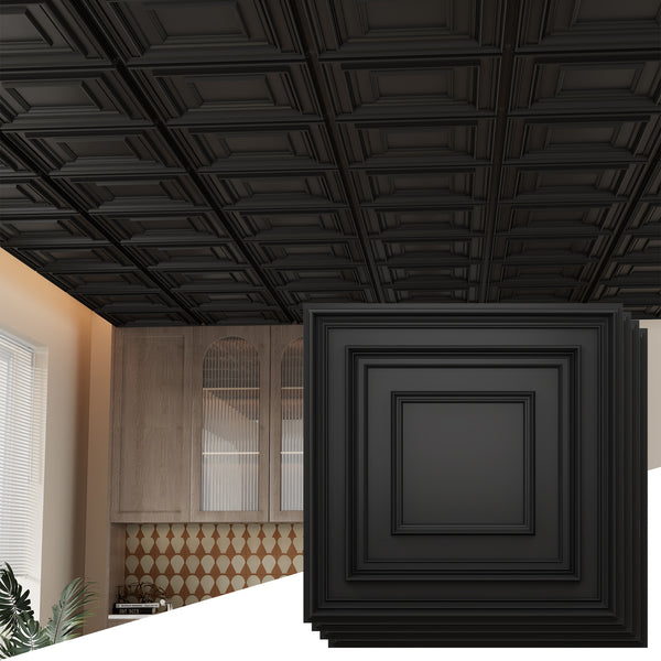 LooYee 24 PCS Deeply Grooved Design Drop Ceiling Tile，2Ft X 2Ft PVC 3D Decorative Ceiling Panels，24 X 24In Waterproof Washable Plastic Ceiling Tiles for Garage Basement Bedroom Cover 96 Sq. Ft Black