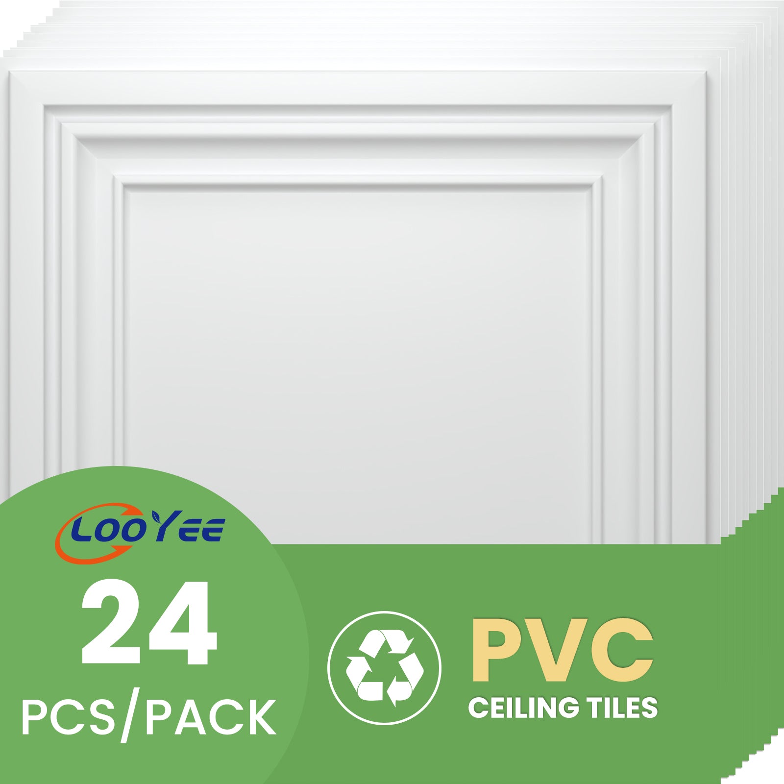 LooYee 24 PCS 2ft x 2ft Drop Ceiling Tiles, PVC Glue Up Ceiling Panel White, Waterproof, Washable and Fire-Rated - Reusable - High-Grade PVC to Prevent Breakage 96 Sq. Ft