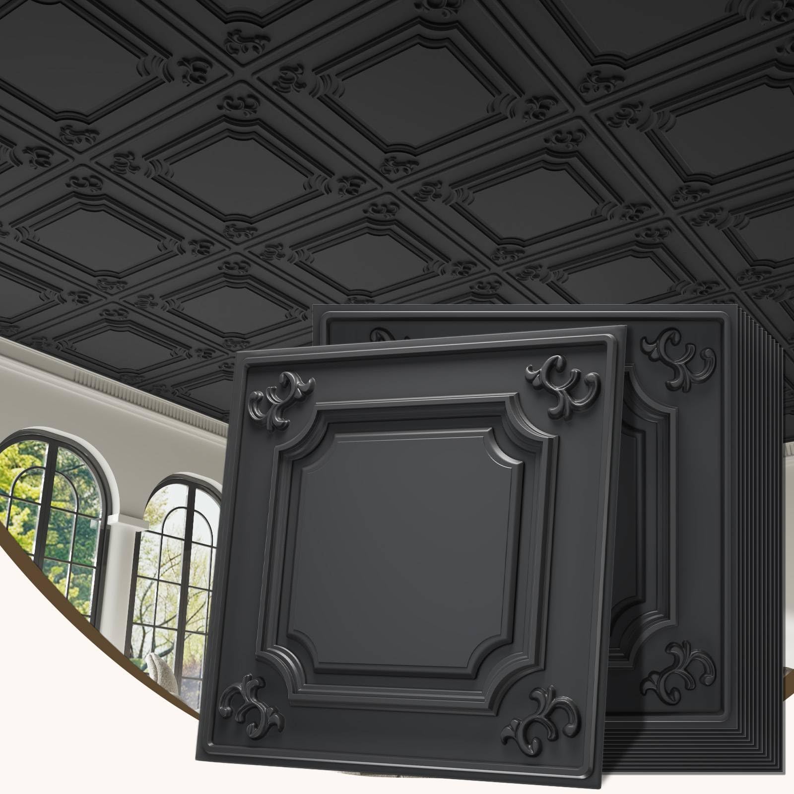 LooYee 24 PCS 2x2 FT PVC Black/White French Style Decorative Ceiling Tiles, Waterproof Washable, Cover 96 Sq.Ft