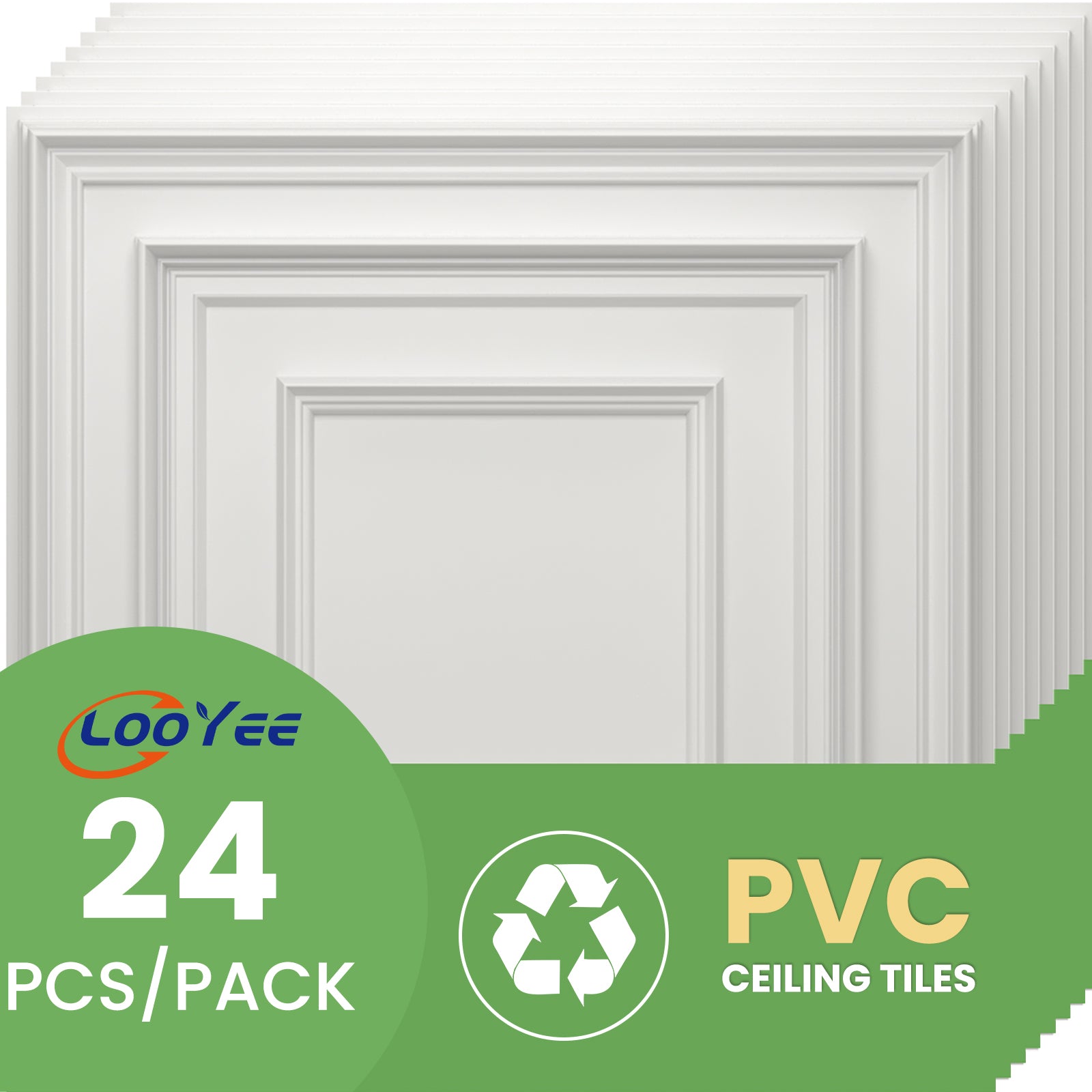LooYee 24 PCS Deeply Grooved Design Drop Ceiling Tile，2Ft X 2Ft PVC 3D Decorative Ceiling Panels，24 X 24In Waterproof Washable Plastic Ceiling Tiles for Garage Basement Bedroom Cover 96 Sq. Ft White