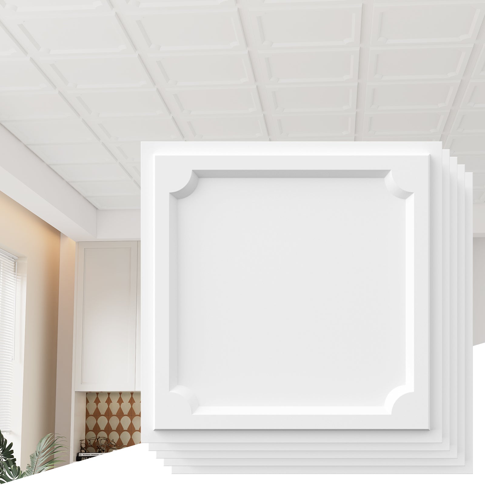 LooYee 24 PCS 2ft x 2ft Drop Ceiling Tiles, 24"x24" PVC Glue Up Ceiling Panel Waterproof Washable Fire-Rated Reusable Prevent Breakage Cover 96 Sq. Ft White