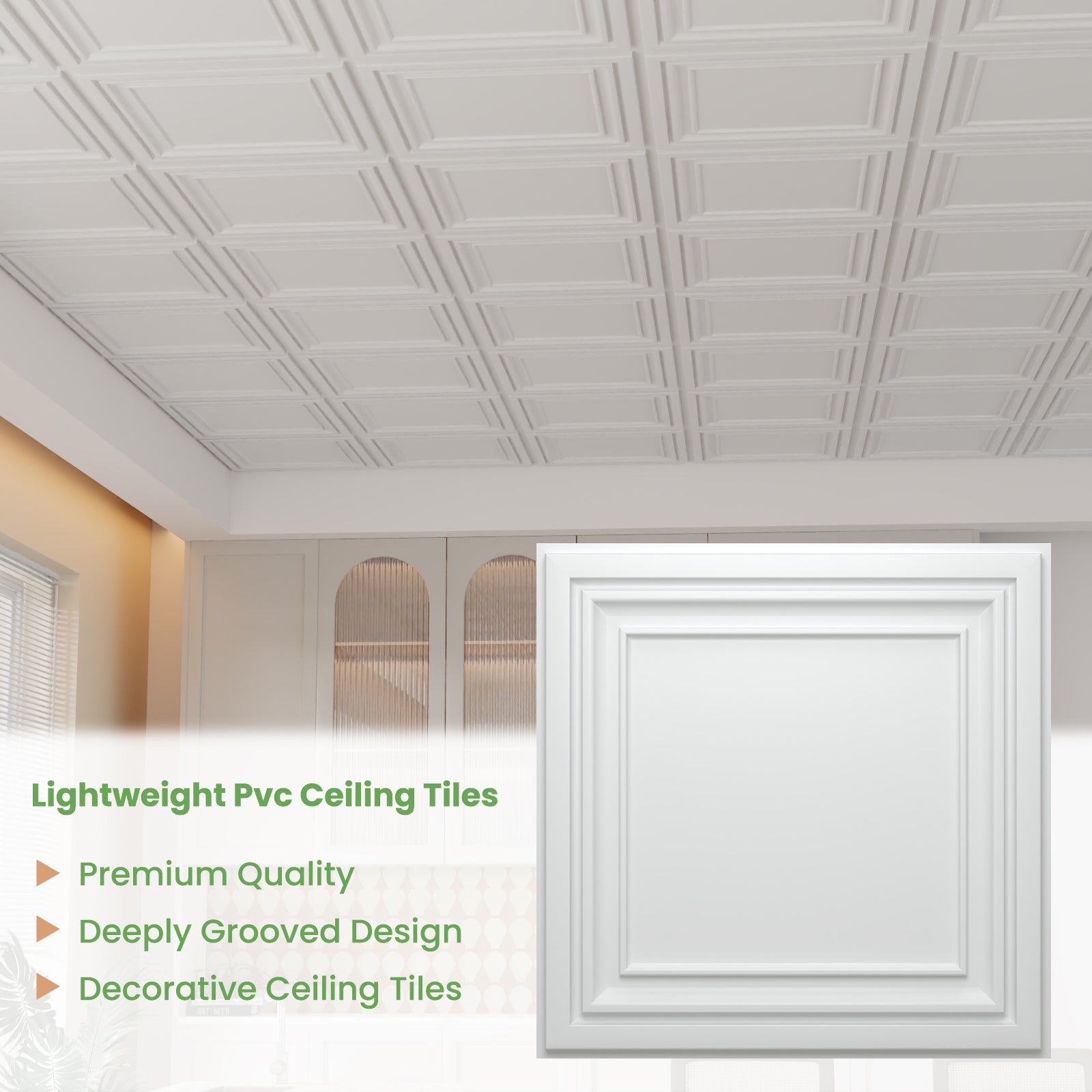 LooYee 24 PCS 2ft x 2ft Drop Ceiling Tiles, PVC Glue Up Ceiling Panel White, Waterproof, Washable and Fire-Rated - Reusable - High-Grade PVC to Prevent Breakage 96 Sq. Ft