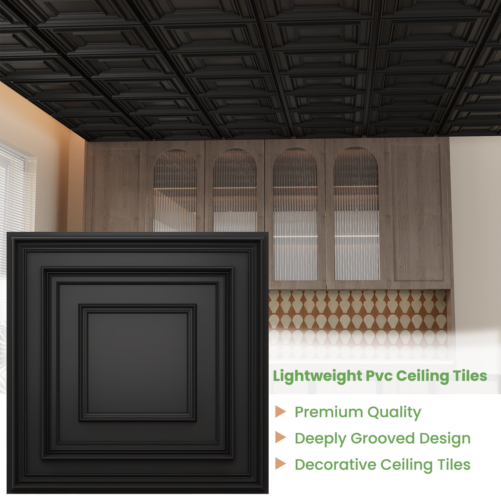 LooYee 24 PCS Deeply Grooved Design Drop Ceiling Tile，2Ft X 2Ft PVC 3D Decorative Ceiling Panels，24 X 24In Waterproof Washable Plastic Ceiling Tiles for Garage Basement Bedroom Cover 96 Sq. Ft Black