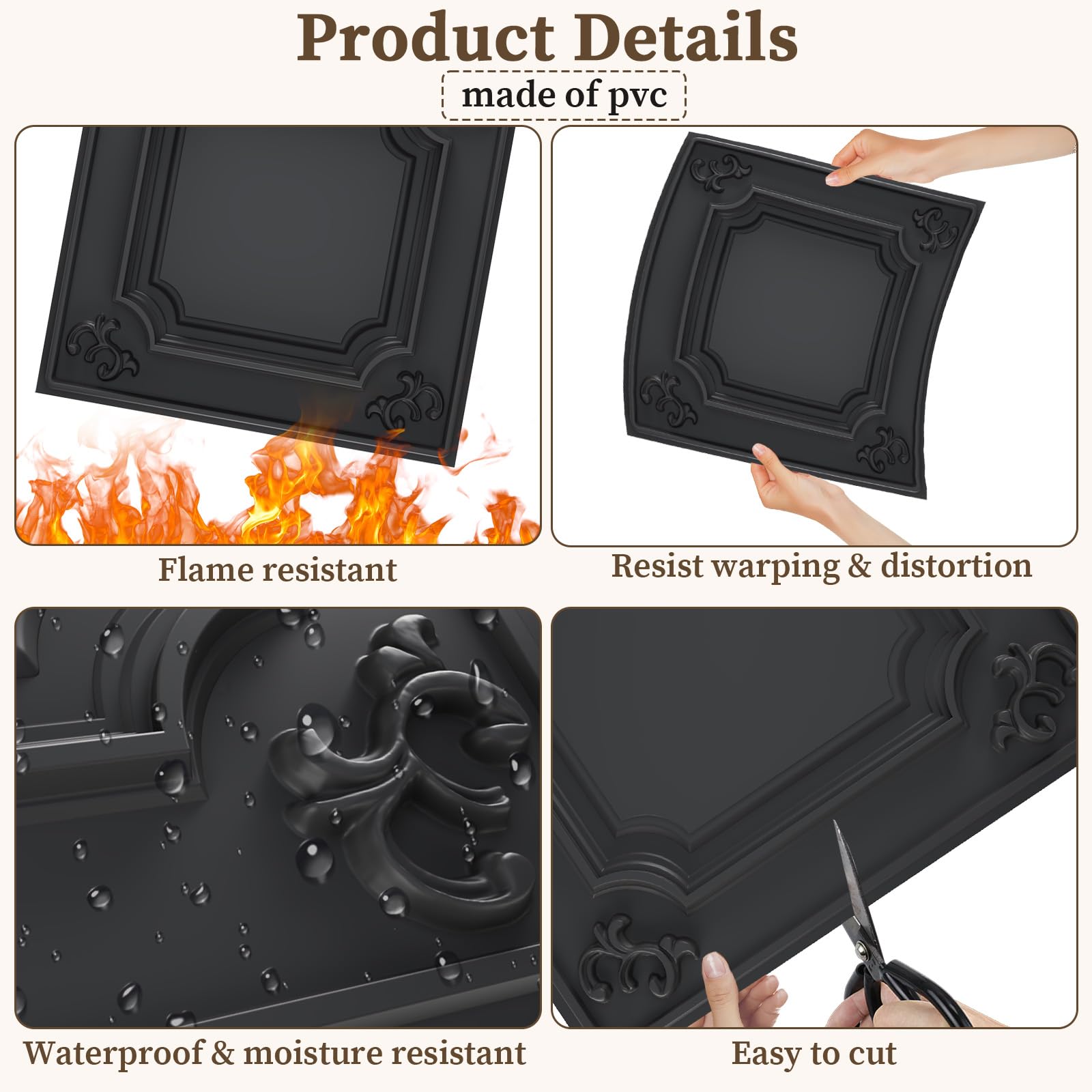 LooYee 24 PCS 2x2 FT PVC Black/White French Style Decorative Ceiling Tiles, Waterproof Washable, Cover 96 Sq.Ft
