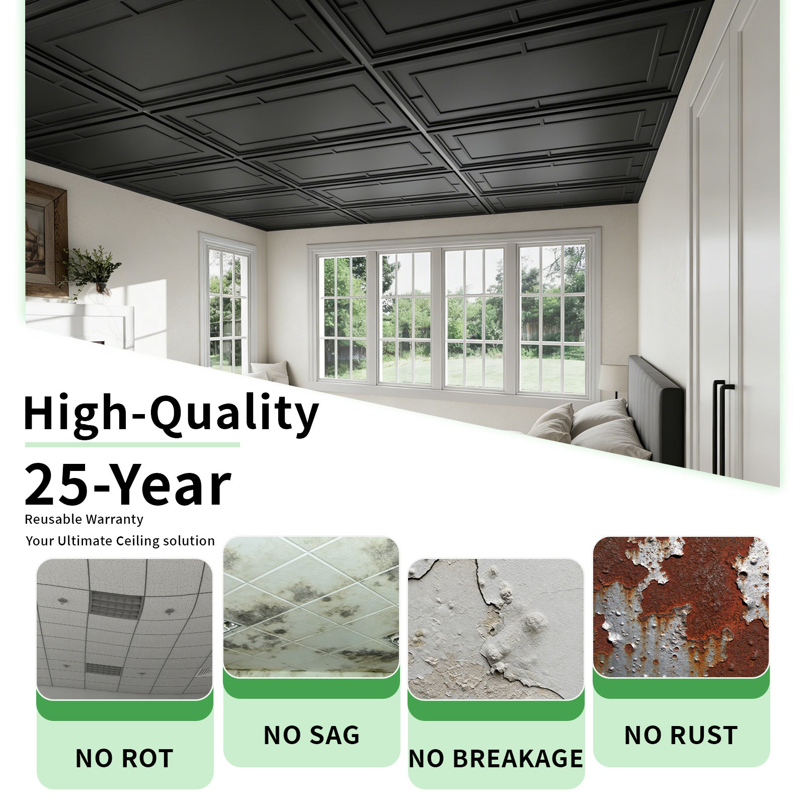 LooYee 24 PCS 2x4 FT PVC Black Return Character Grid Decorative Ceiling Tiles