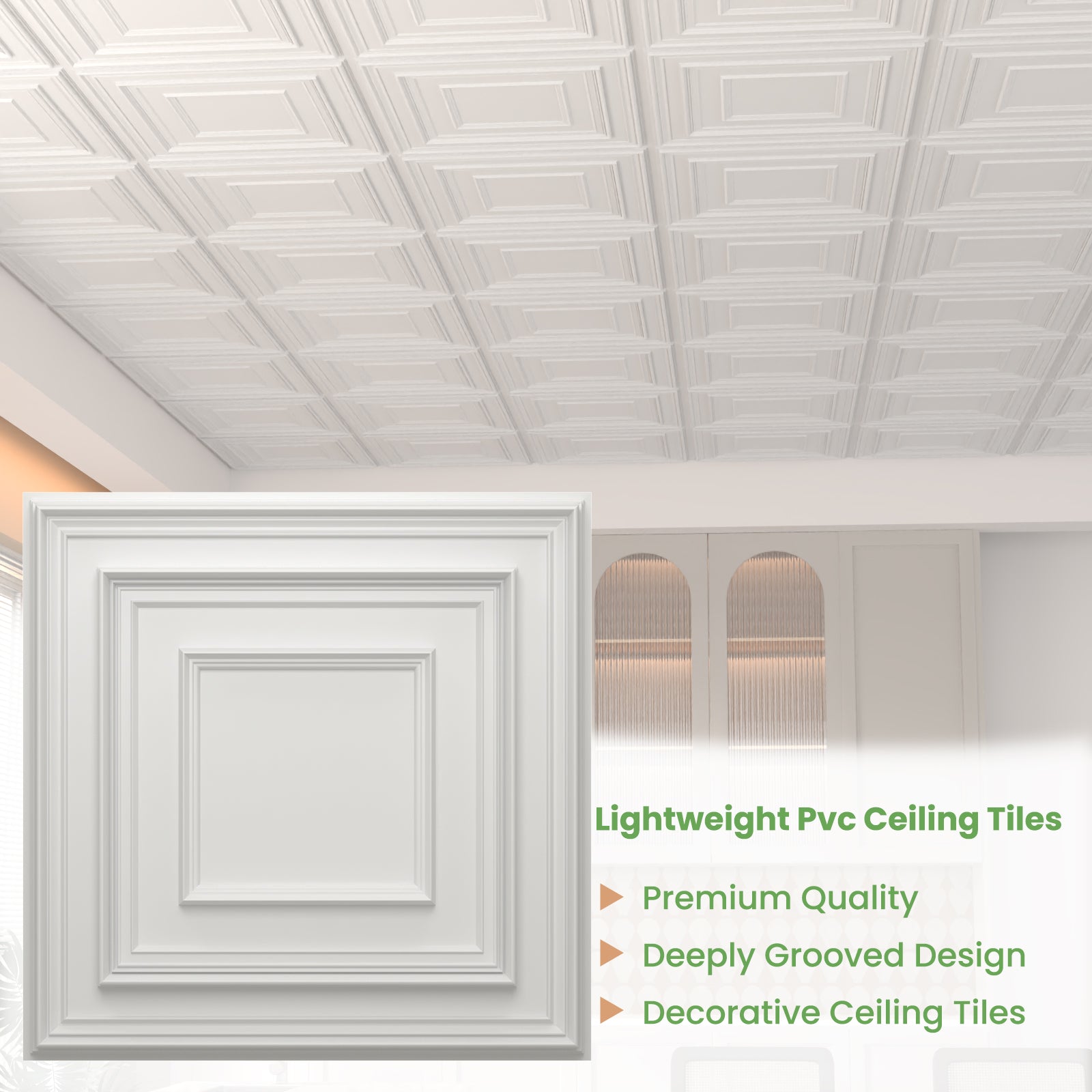 LooYee 24 PCS Deeply Grooved Design Drop Ceiling Tile，2Ft X 2Ft PVC 3D Decorative Ceiling Panels，24 X 24In Waterproof Washable Plastic Ceiling Tiles for Garage Basement Bedroom Cover 96 Sq. Ft White