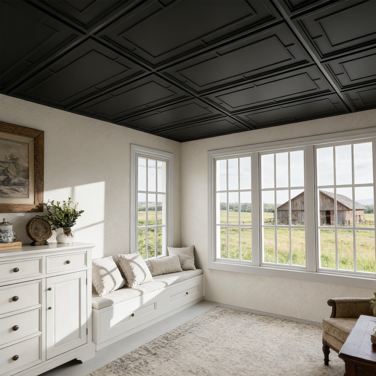 LooYee 24 PCS 2x4 FT PVC Black Return Character Grid Decorative Ceiling Tiles