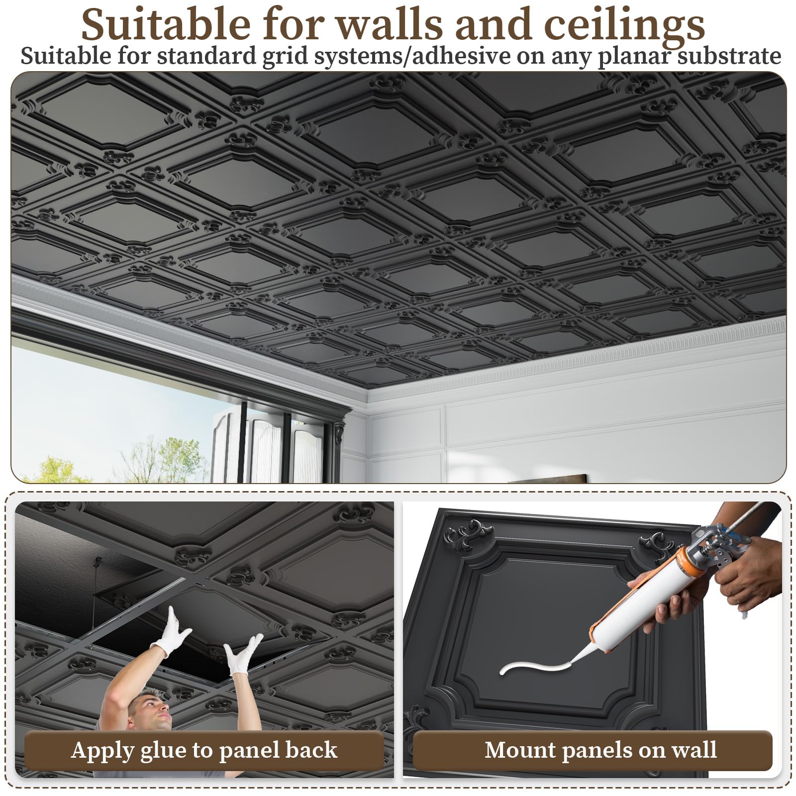 LooYee 24 PCS 2x2 FT PVC Black/White French Style Decorative Ceiling Tiles, Waterproof Washable, Cover 96 Sq.Ft