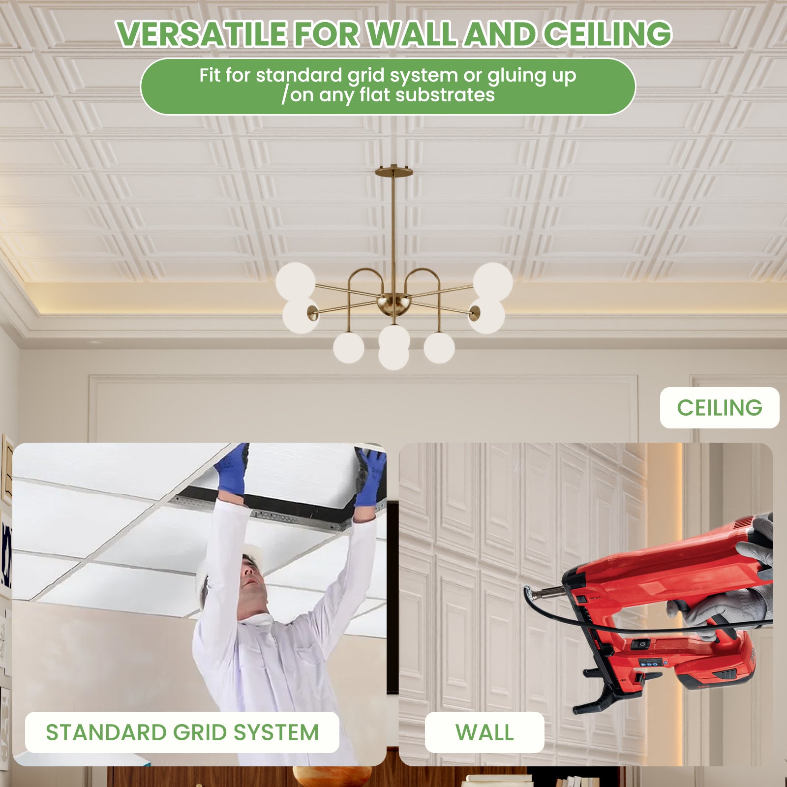 LooYee 24 PCS 2ft x 2ft Drop Ceiling Tiles, PVC Glue Up Ceiling Panel White, Waterproof, Washable and Fire-Rated - Reusable - High-Grade PVC to Prevent Breakage 96 Sq. Ft