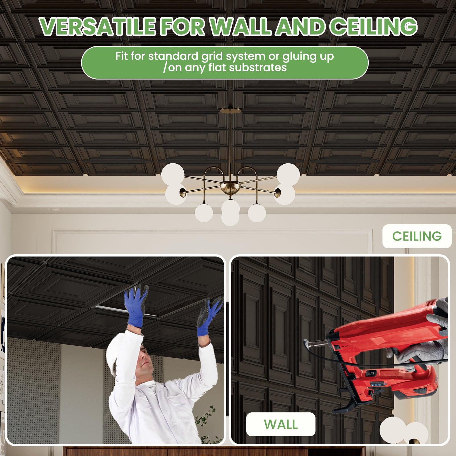 LooYee 24 PCS Deeply Grooved Design Drop Ceiling Tile，2Ft X 2Ft PVC 3D Decorative Ceiling Panels，24 X 24In Waterproof Washable Plastic Ceiling Tiles for Garage Basement Bedroom Cover 96 Sq. Ft Black