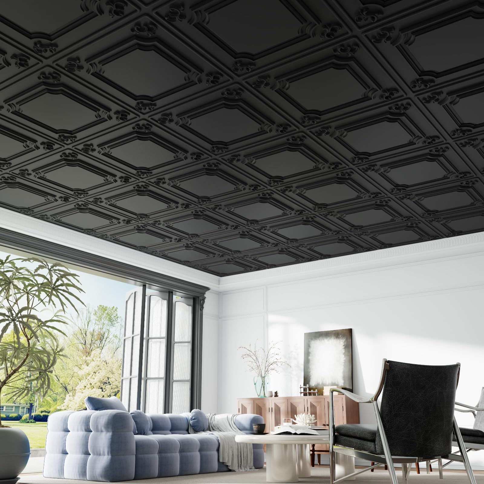 LooYee 24 PCS 2x2 FT PVC Black/White French Style Decorative Ceiling Tiles, Waterproof Washable, Cover 96 Sq.Ft