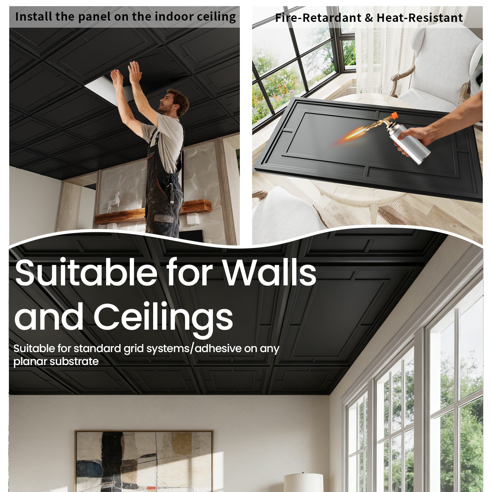 LooYee 24 PCS 2x4 FT PVC Black Return Character Grid Decorative Ceiling Tiles