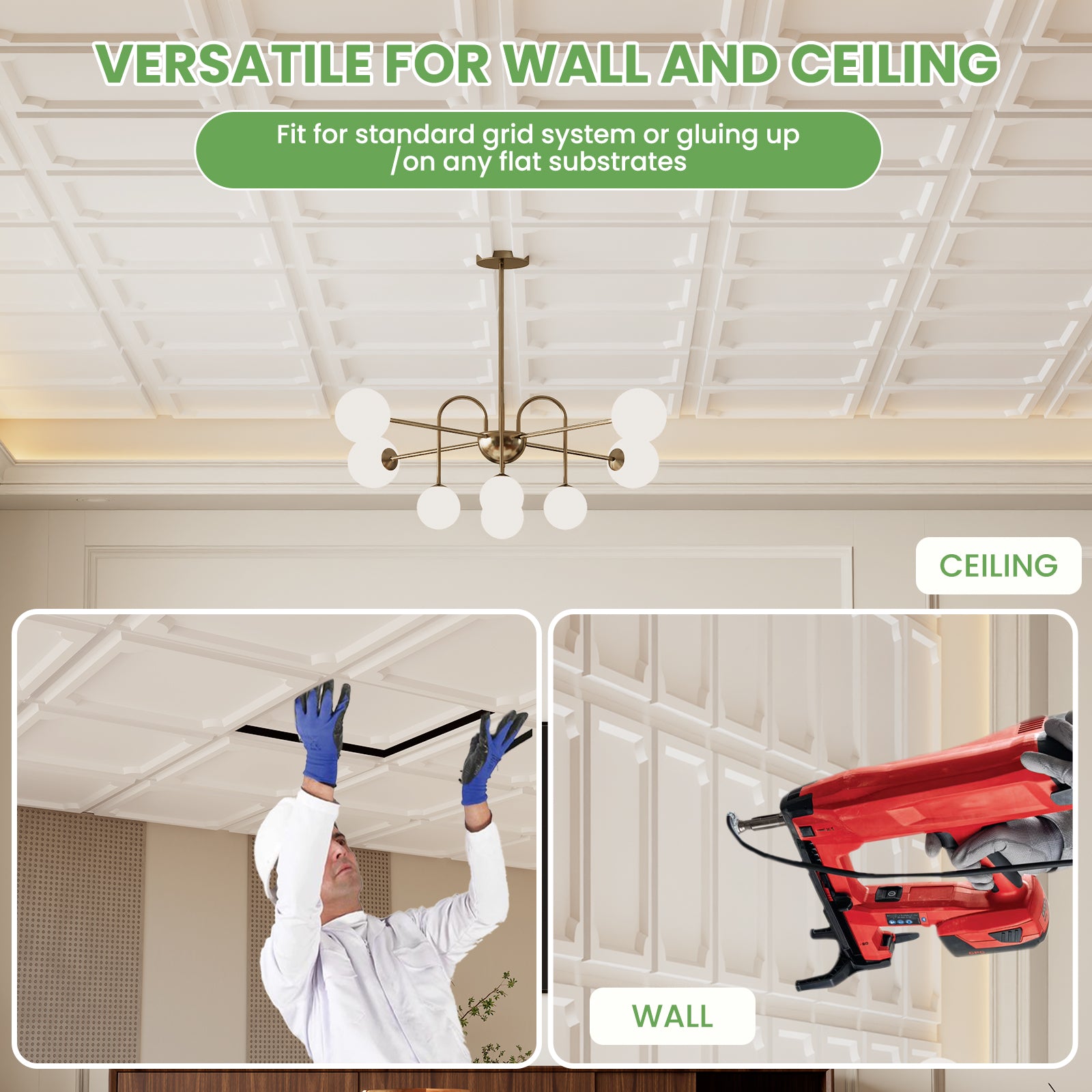 LooYee 24 PCS 2ft x 2ft Drop Ceiling Tiles, 24"x24" PVC Glue Up Ceiling Panel Waterproof Washable Fire-Rated Reusable Prevent Breakage Cover 96 Sq. Ft White