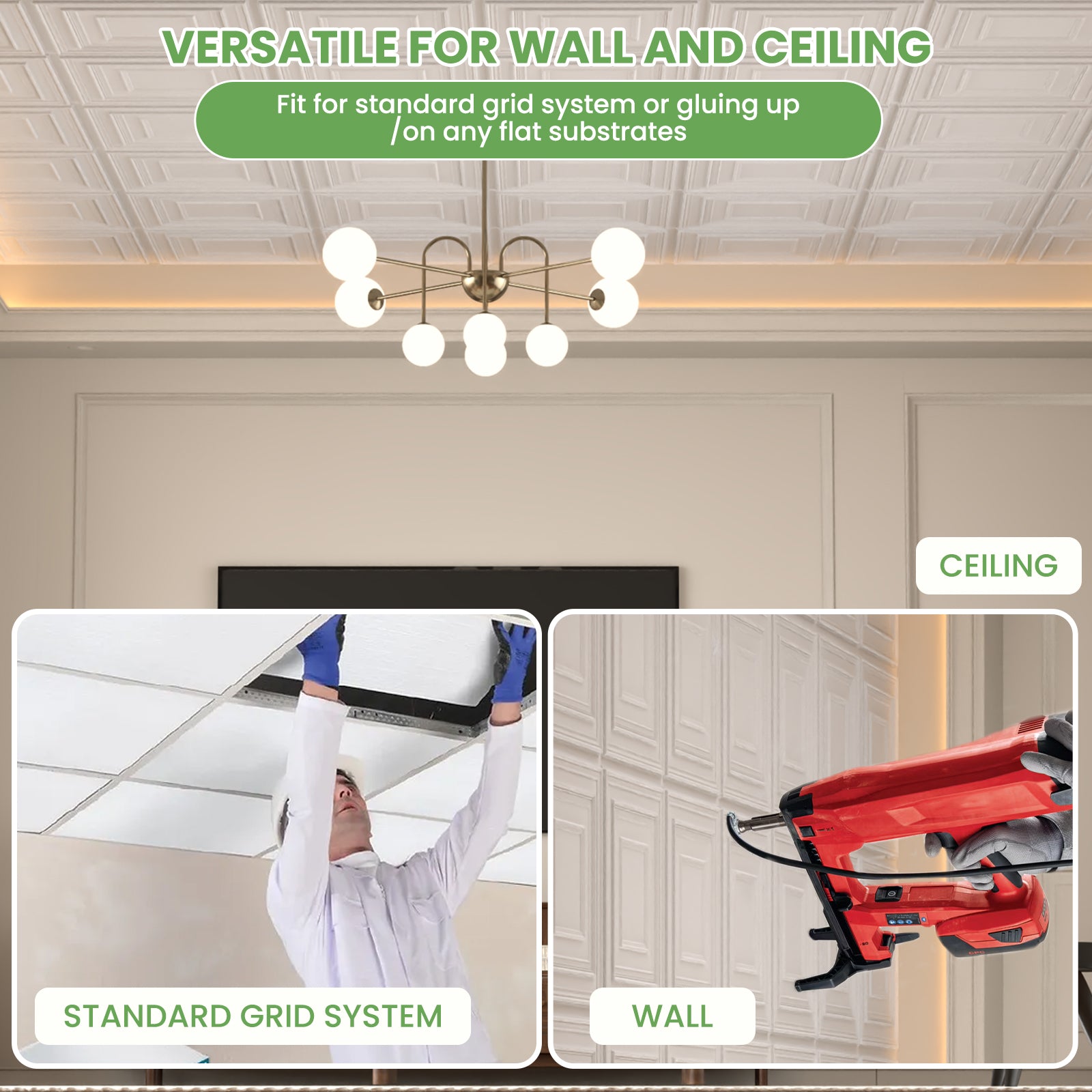 LooYee 24 PCS Deeply Grooved Design Drop Ceiling Tile，2Ft X 2Ft PVC 3D Decorative Ceiling Panels，24 X 24In Waterproof Washable Plastic Ceiling Tiles for Garage Basement Bedroom Cover 96 Sq. Ft White