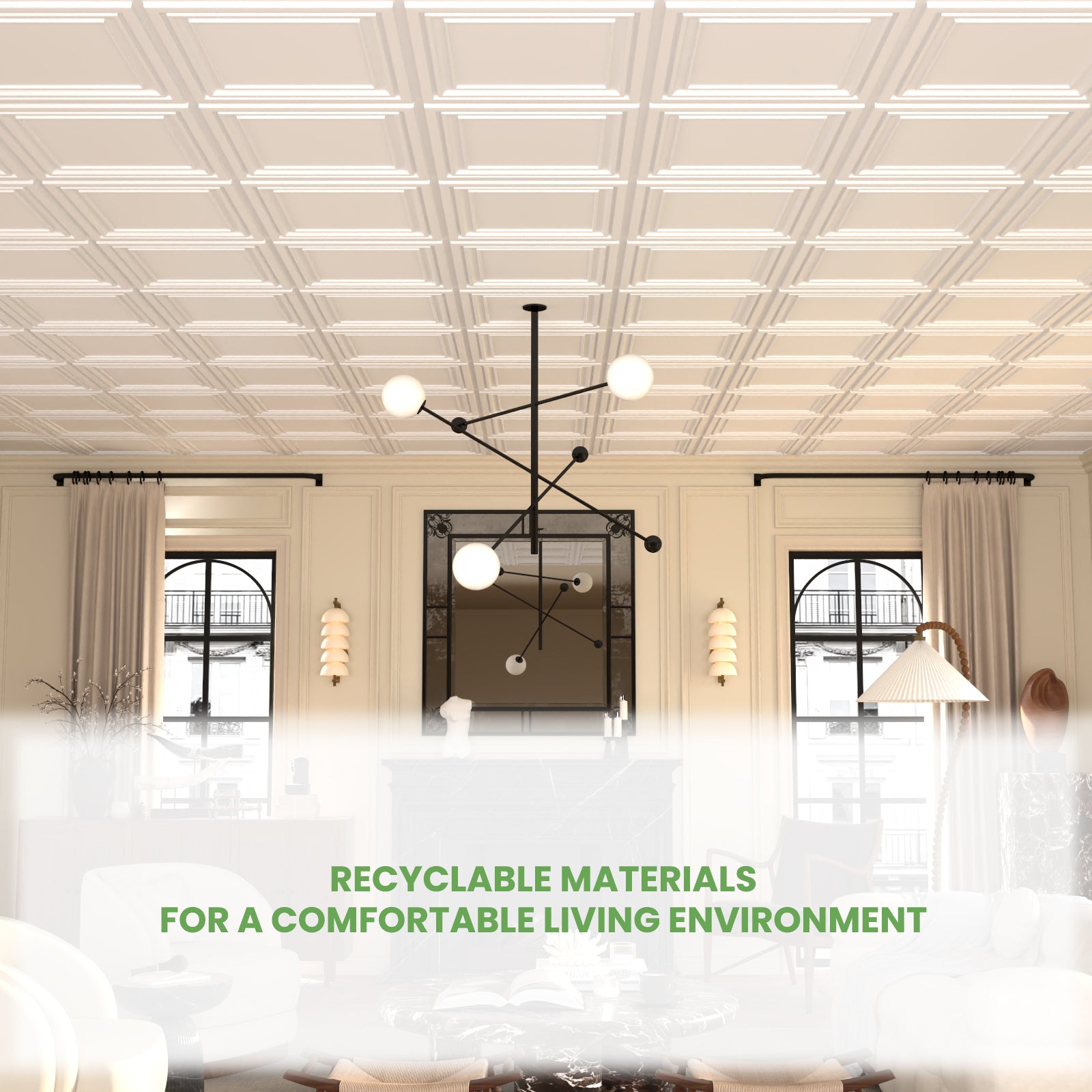 LooYee 24 PCS 2ft x 2ft Drop Ceiling Tiles, PVC Glue Up Ceiling Panel White, Waterproof, Washable and Fire-Rated - Reusable - High-Grade PVC to Prevent Breakage 96 Sq. Ft