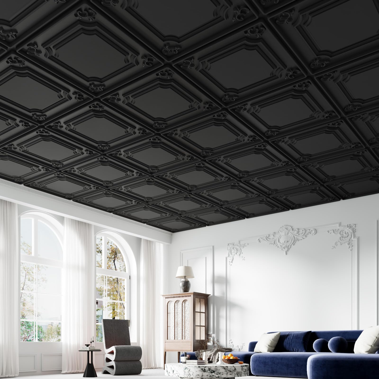 LooYee 24 PCS 2x2 FT PVC Black/White French Style Decorative Ceiling Tiles, Waterproof Washable, Cover 96 Sq.Ft