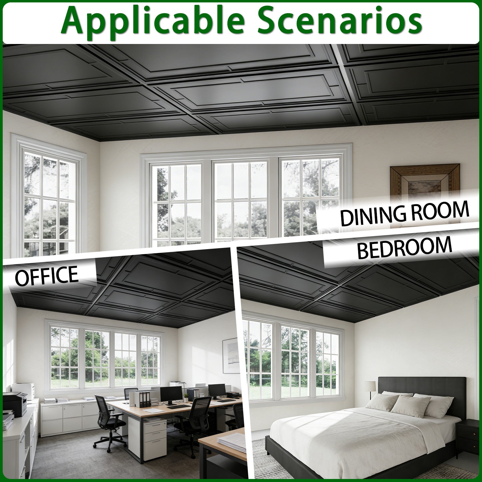 LooYee 24 PCS 2x4 FT PVC Black Return Character Grid Decorative Ceiling Tiles
