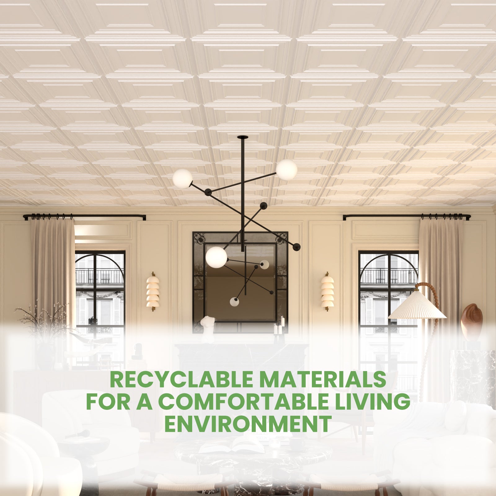 LooYee 24 PCS Deeply Grooved Design Drop Ceiling Tile，2Ft X 2Ft PVC 3D Decorative Ceiling Panels，24 X 24In Waterproof Washable Plastic Ceiling Tiles for Garage Basement Bedroom Cover 96 Sq. Ft White