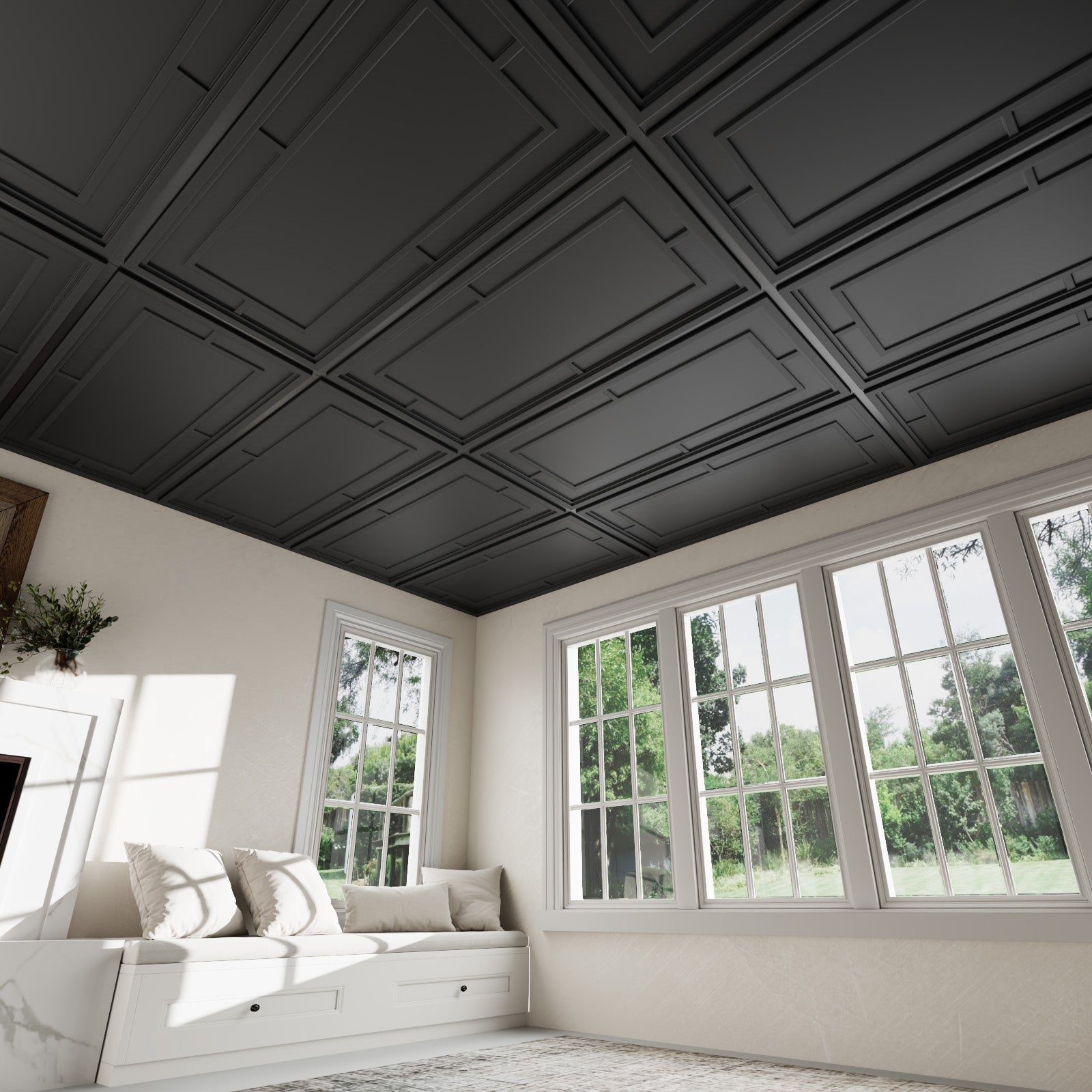 LooYee 24 PCS 2x4 FT PVC Black Return Character Grid Decorative Ceiling Tiles