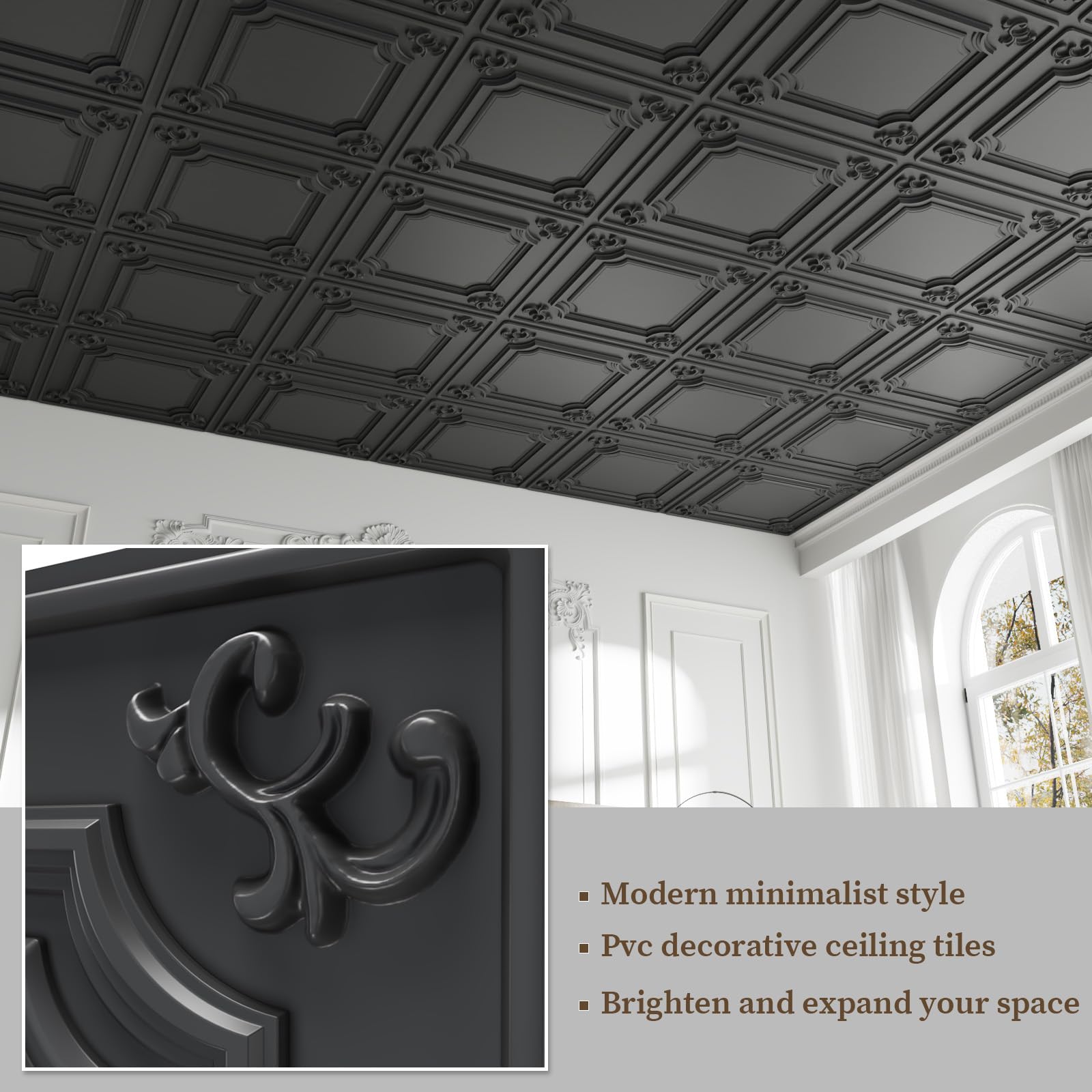 LooYee 24 PCS 2x2 FT PVC Black/White French Style Decorative Ceiling Tiles, Waterproof Washable, Cover 96 Sq.Ft