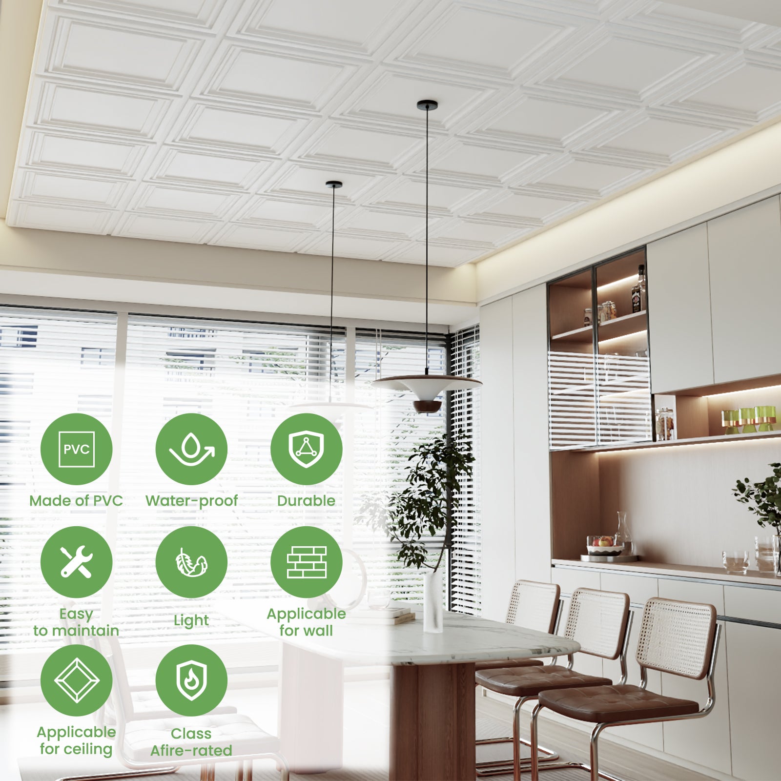 LooYee 24 PCS 2ft x 2ft Drop Ceiling Tiles, PVC Glue Up Ceiling Panel White, Waterproof, Washable and Fire-Rated - Reusable - High-Grade PVC to Prevent Breakage 96 Sq. Ft