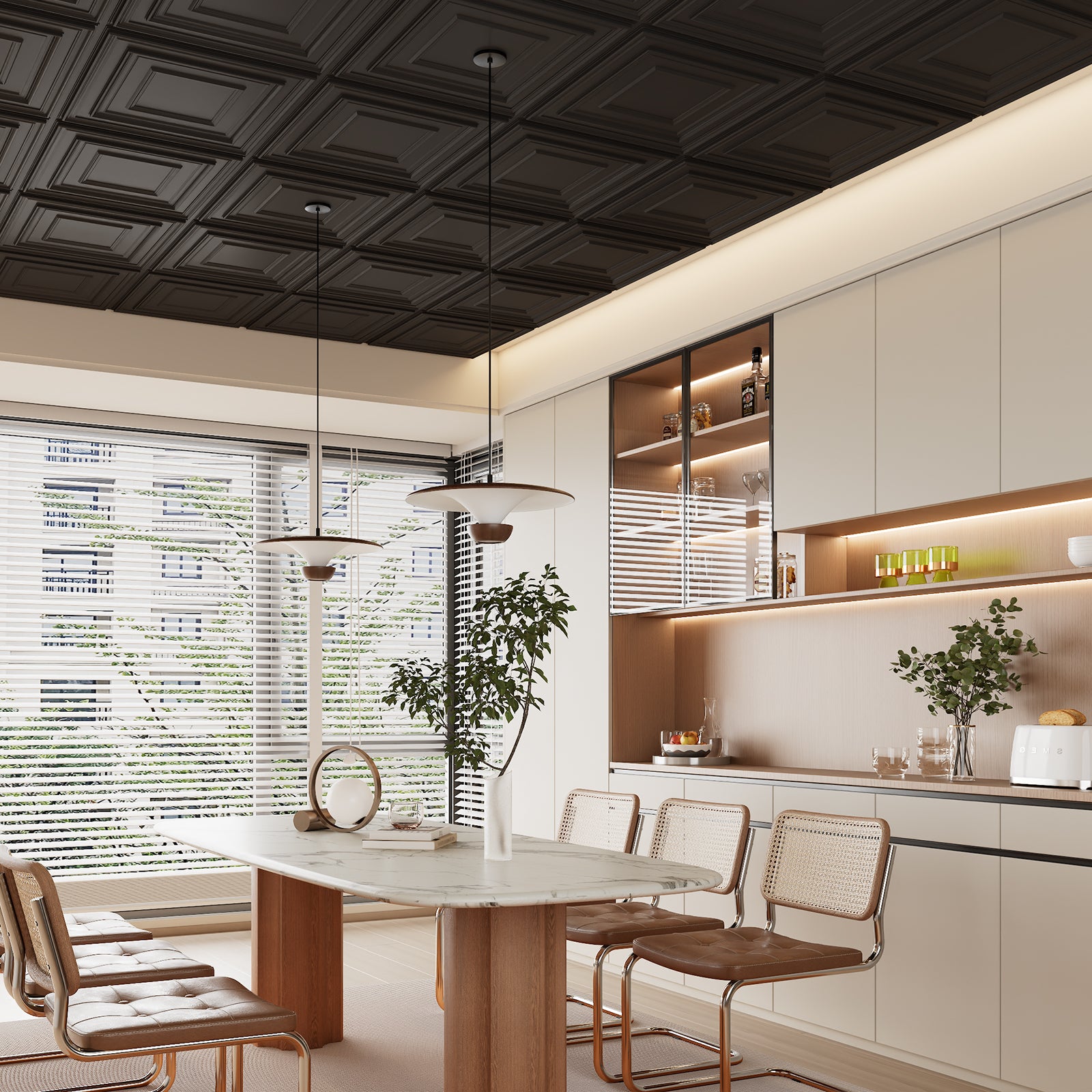 LooYee 24 PCS Deeply Grooved Design Drop Ceiling Tile，2Ft X 2Ft PVC 3D Decorative Ceiling Panels，24 X 24In Waterproof Washable Plastic Ceiling Tiles for Garage Basement Bedroom Cover 96 Sq. Ft Black