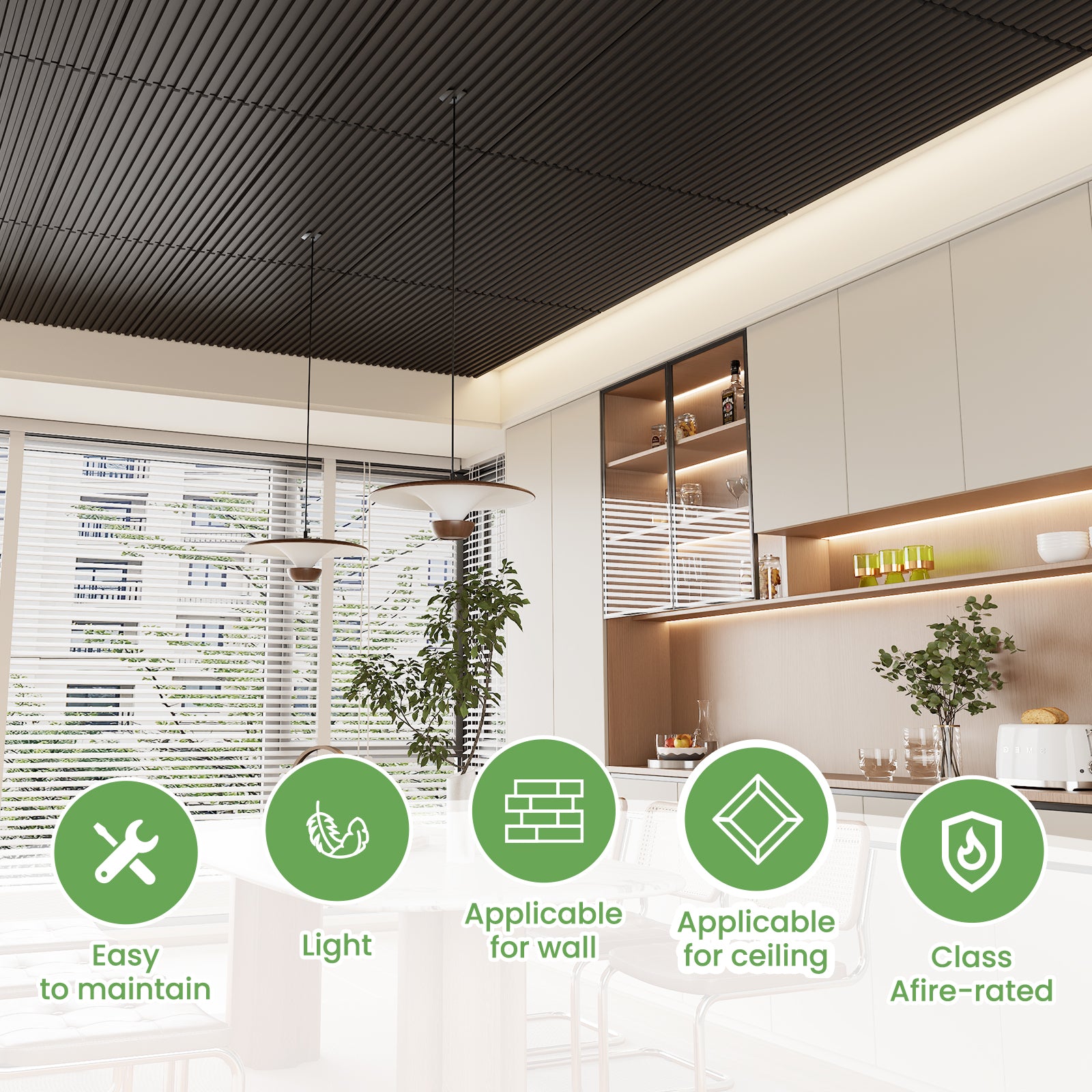 LooYee  24 PCS Slat Design Ceiling Tiles, 2x4 Ft Pvc Drop Ceiling Tiles for Interior Decor, Waterproof, Washable and Fire-Rated, Ideal for Living Room, Bedroom Office Commercial Spaces Cover 192 Sq. Ft