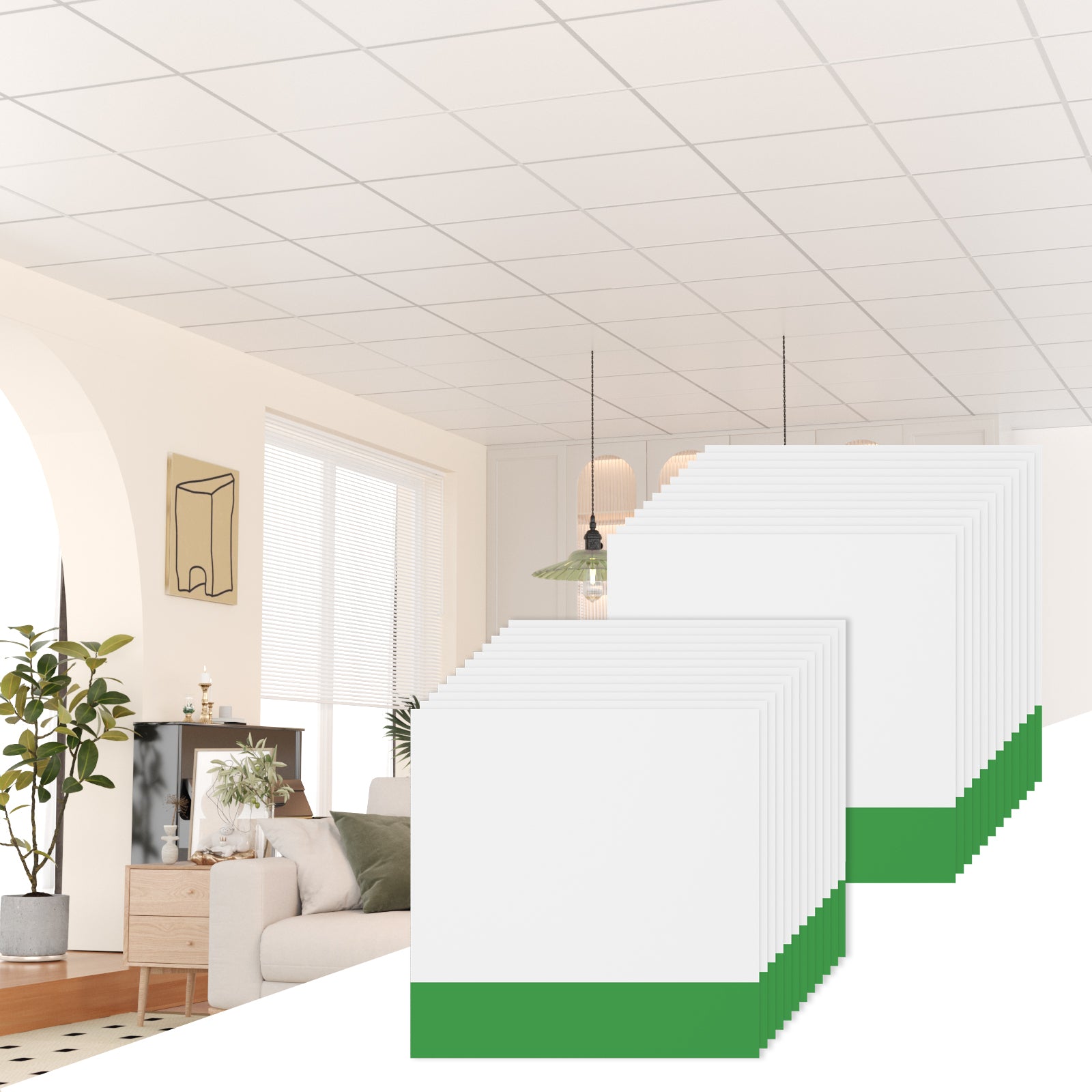 LooYee 24 PCS 24" x 24" Smooth Drop Ceiling Tiles 2ft x 2ft, PVC Ceiling Tile - Waterproof, Fire-Rated to Prevent Breakage - Cover 96 Sq. Ft, White