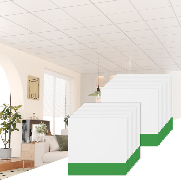 LooYee 24 PCS 24" x 24" Smooth Drop Ceiling Tiles 2ft x 2ft, PVC Ceiling Tile - Waterproof, Fire-Rated to Prevent Breakage - Cover 96 Sq. Ft, White