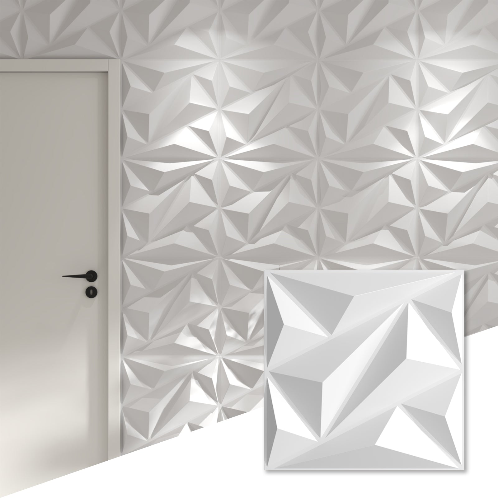LooYee 64 Sq. Ft. Modern Textured Diamond 3d Wall Panels，24 pcs 19.7" X 19.7" Pvc Wall Panels For Interior Wall Decor, Suitable For Bedrooms Game Rooms Living Rooms Hotel Office Lobby White