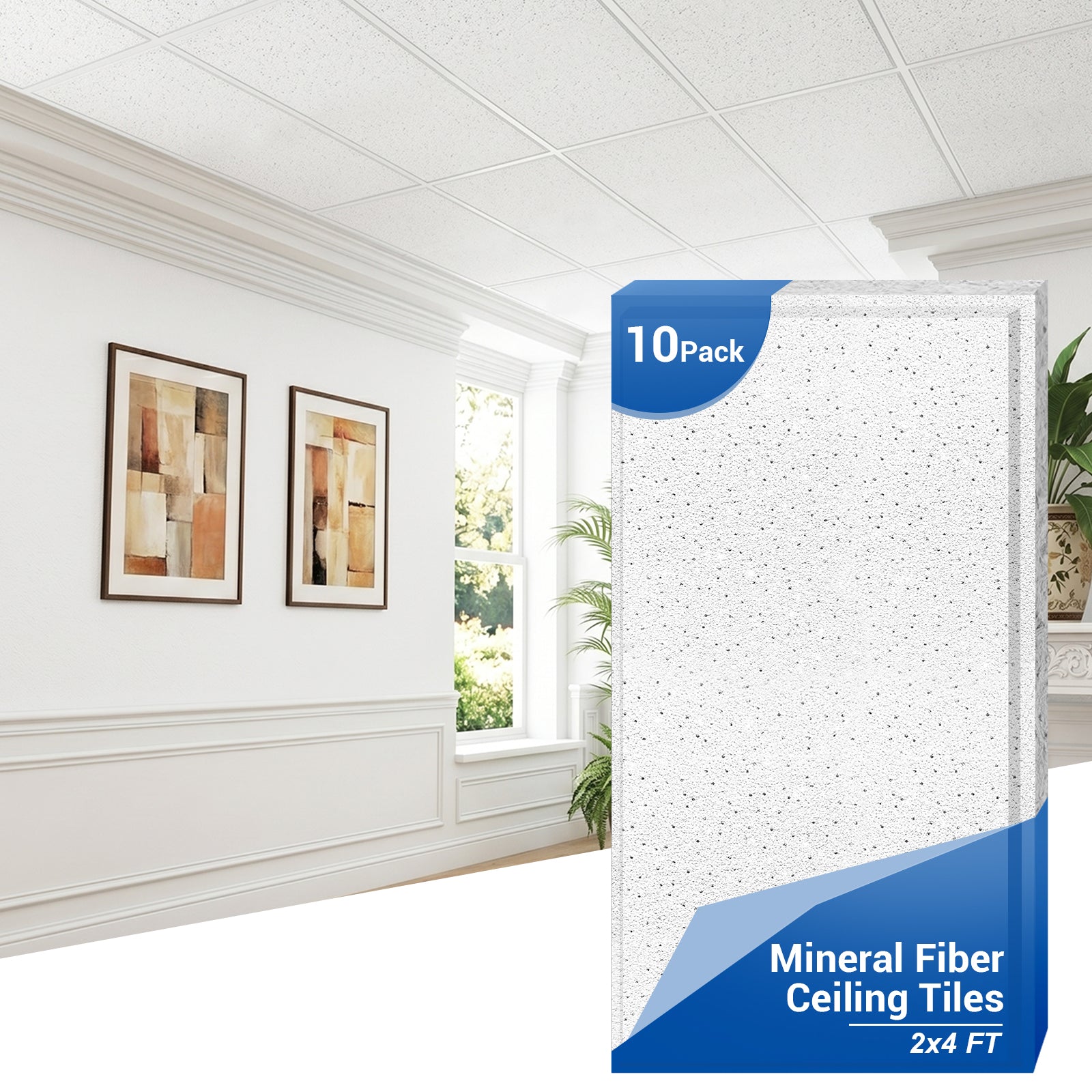 LooYee 10 PCS 2x4 FT Mineral Fiber White Acoustic Ceiling Tiles