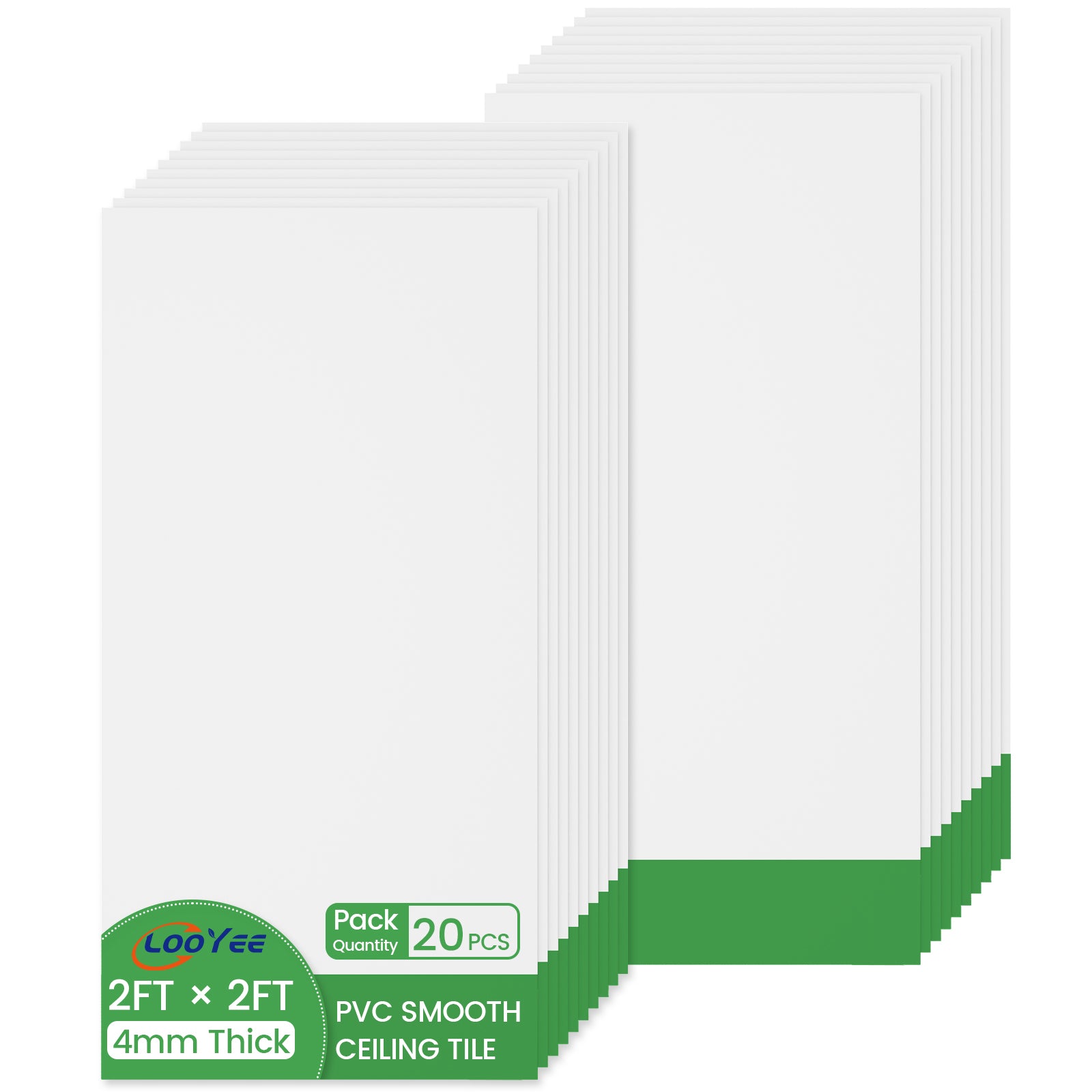 LooYee 20 PCS 2ft x 4ft Smooth Drop Ceiling Tile - Fire-Rated, Waterproof, Reusable - Premium PVC, No Sag and Breakage - Cover 160 Sq. Ft, White