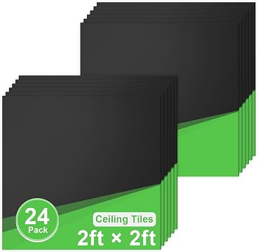 LooYee 24 PCS 2x2 FT PVC Matte Black Smooth Drop Ceiling Tiles, Waterproof Fire‑Rated, Cover 96 Sq.Ft