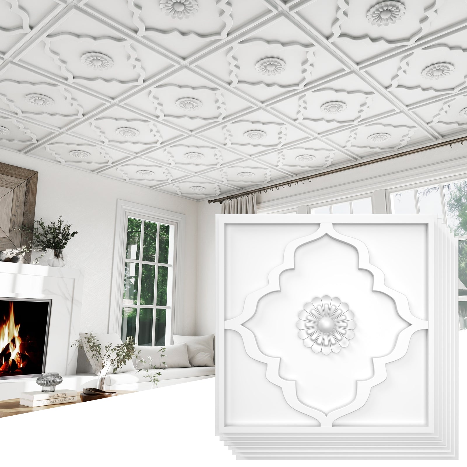 LooYee 24 PCS 2x2 FT PVC Floral Diamond Grid Decorative Ceiling Tiles