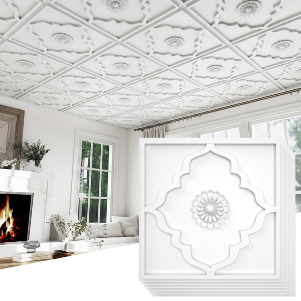 LooYee 24 PCS 2x2 FT PVC Floral Diamond Grid Decorative Ceiling Tiles