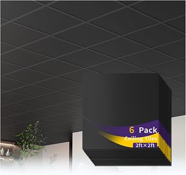 LooYee 6 PCS 2x2 FT PVC Black Smooth Drop Ceiling Tiles, Waterproof Fire‑Rated, Cover 24 Sq.Ft