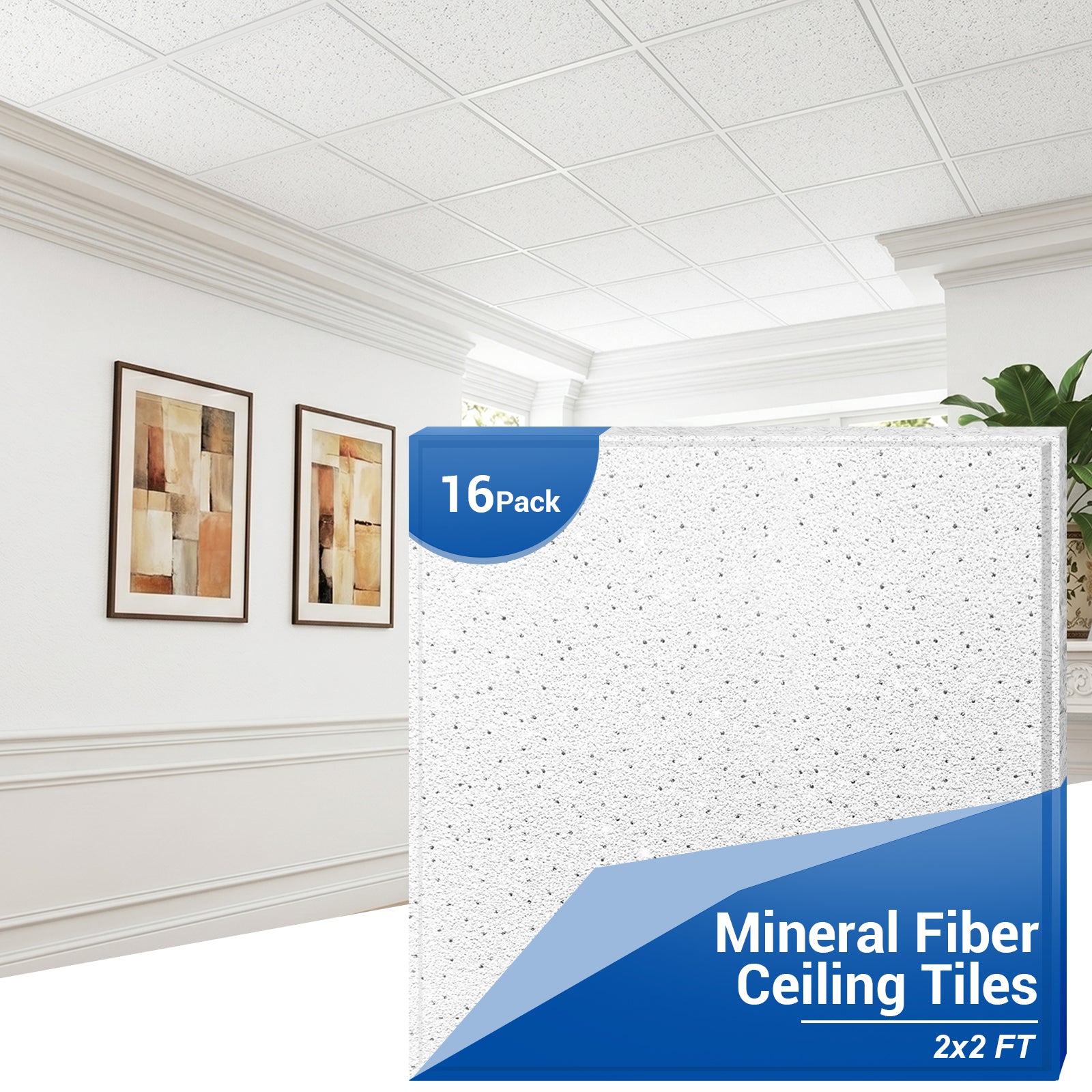 LooYee 16 PCS 2x2 FT Mineral Fiber White Acoustic Ceiling Tiles