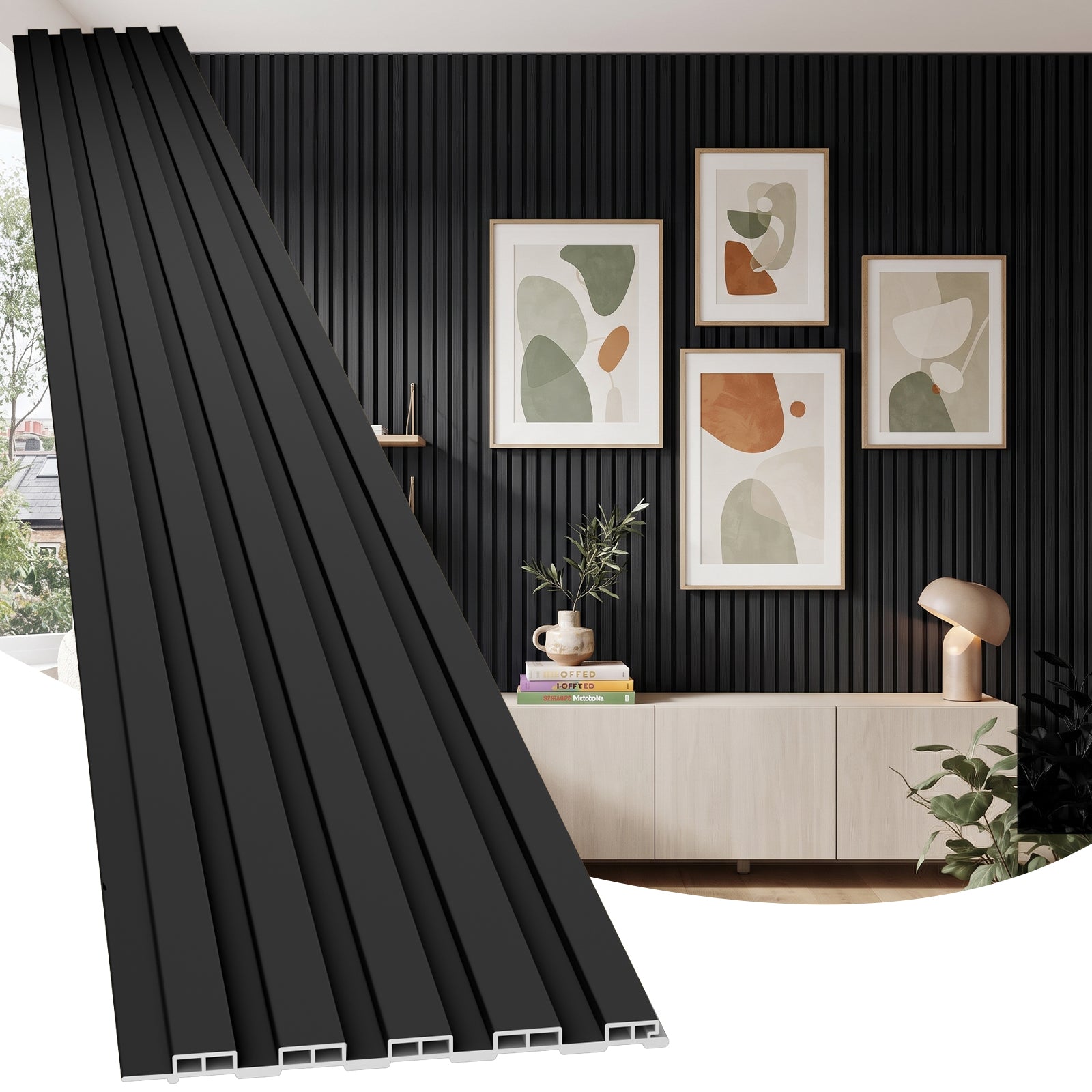 LooYee 10 Pack WPC Slat Wall panels 90.6 x 6 Inch Black/Teak Cover 38 Sq.Ft.